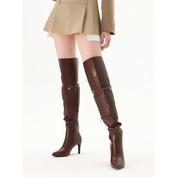 Women Brown Pu Polyurethane Over The Knee Stiletto Heel Pointed Toe Long Boots - Picture 4 of 6